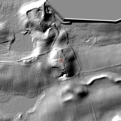 Shaded relief map of the ground around NE464TW, computed from Environment Agency LiDAR. The ground here sits at about 161 m above sea level and falls 22 m across the surrounding 800 m. Surface water reaching this point runs off ground lying to the south-west, 1.3 m higher.
