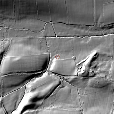 Shaded relief map of the ground around NE470AQ, computed from Environment Agency LiDAR. The ground here sits at about 192 m above sea level and falls 28 m across the surrounding 800 m. Surface water reaching this point runs off ground lying to the south, 8.2 m higher.