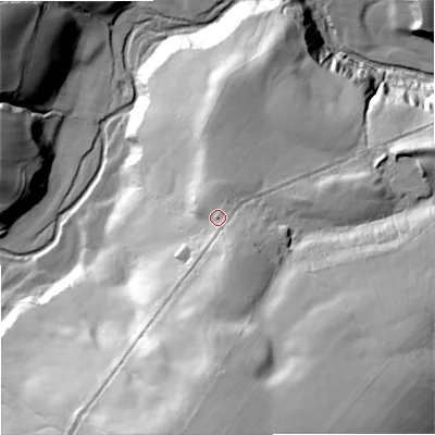 Shaded relief map of the ground around NE470HG, computed from Environment Agency LiDAR. The ground here sits at about 212 m above sea level and falls 73 m across the surrounding 800 m. Surface water reaching this point runs off ground lying to the east-south-east, 2.7 m higher.