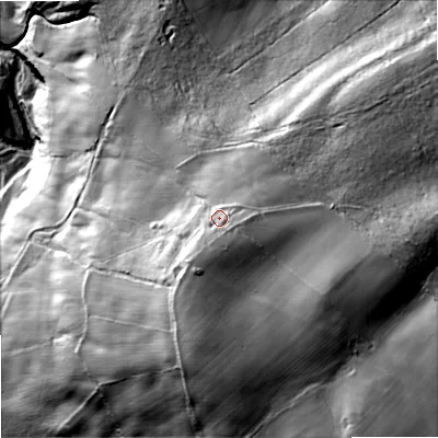 Shaded relief map of the ground around NE470HN, computed from Environment Agency LiDAR. The ground here sits at about 248 m above sea level and falls 112 m across the surrounding 800 m. Surface water reaching this point runs off ground lying to the south-east, 10.7 m higher.