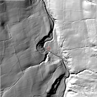 Shaded relief map of the ground around NE470JB, computed from Environment Agency LiDAR. The ground here sits at about 228 m above sea level and falls 76 m across the surrounding 800 m. Surface water reaching this point runs off ground lying to the east, 62.4 m higher.