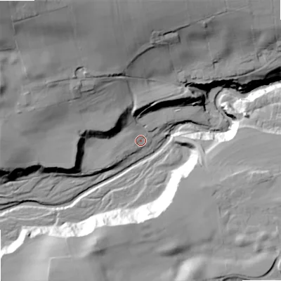 Shaded relief map of the ground around NE470LE, computed from Environment Agency LiDAR. The ground here sits at about 132 m above sea level and falls 67 m across the surrounding 800 m. Surface water reaching this point runs off ground lying to the north-west, 55.5 m higher.