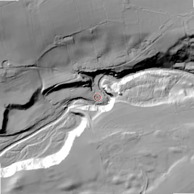Shaded relief map of the ground around NE470LF, computed from Environment Agency LiDAR. The ground here sits at about 127 m above sea level and falls 66 m across the surrounding 800 m. Surface water reaching this point runs off ground lying to the west, 2.6 m higher.