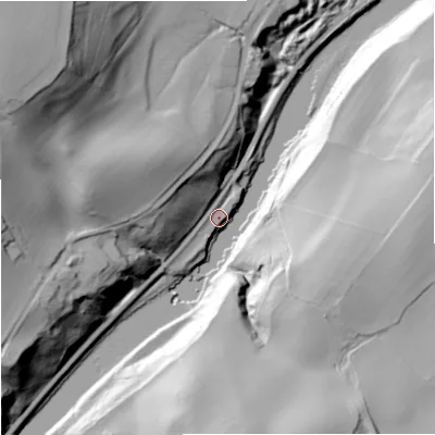 Shaded relief map of the ground around NE475AD, computed from Environment Agency LiDAR. The ground here sits at about 55 m above sea level and falls 77 m across the surrounding 800 m. Surface water reaching this point runs off ground lying to the east, 51.8 m higher.