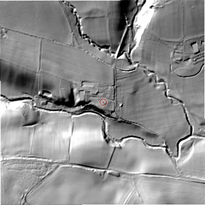 Shaded relief map of the ground around NE475AX, computed from Environment Agency LiDAR. The ground here sits at about 105 m above sea level and falls 74 m across the surrounding 800 m. Surface water reaching this point runs off ground lying to the north-west, 4.1 m higher.