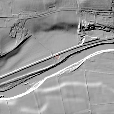 Shaded relief map of the ground around NE475DR, computed from Environment Agency LiDAR. The ground here sits at about 48 m above sea level and falls 33 m across the surrounding 800 m. Surface water reaching this point runs off ground lying to the west, 2.4 m higher.