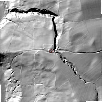 Shaded relief map of the ground around NE475ND, computed from Environment Agency LiDAR. The ground here sits at about 186 m above sea level and falls 127 m across the surrounding 800 m. Surface water reaching this point runs off ground lying to the south-south-east, 12.8 m higher.