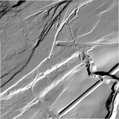 Shaded relief map of the ground around NE476AA, computed from Environment Agency LiDAR. The ground here sits at about 63 m above sea level and falls 45 m across the surrounding 800 m. Surface water reaching this point runs off ground lying to the south-south-west, 11.7 m higher.