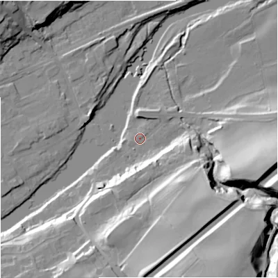Shaded relief map of the ground around NE476AB, computed from Environment Agency LiDAR. The ground here sits at about 63 m above sea level and falls 44 m across the surrounding 800 m. Surface water reaching this point runs off ground lying to the south-south-east, 37.7 m higher.