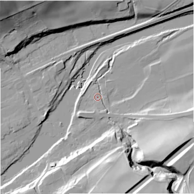 Shaded relief map of the ground around NE476AE, computed from Environment Agency LiDAR. The ground here sits at about 62 m above sea level and falls 44 m across the surrounding 800 m. Surface water reaching this point runs off ground lying to the south-south-east, 2.5 m higher.