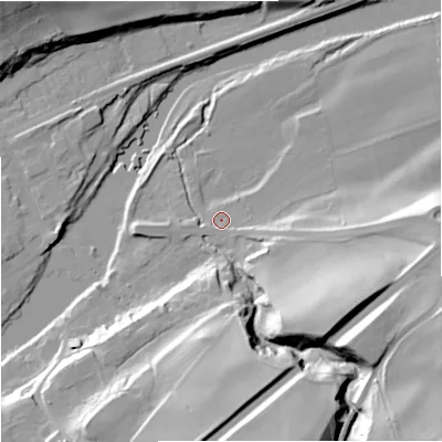 Shaded relief map of the ground around NE476AF, computed from Environment Agency LiDAR. The ground here sits at about 63 m above sea level and falls 42 m across the surrounding 800 m. Surface water reaching this point runs off ground lying to the east-south-east, 8.6 m higher.