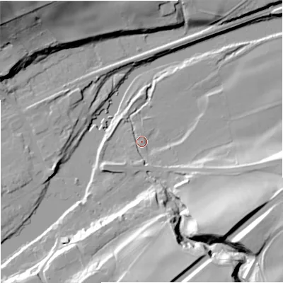 Shaded relief map of the ground around NE476AG, computed from Environment Agency LiDAR. The ground here sits at about 63 m above sea level and falls 41 m across the surrounding 800 m. Surface water reaching this point runs off ground lying to the south, 3.1 m higher.