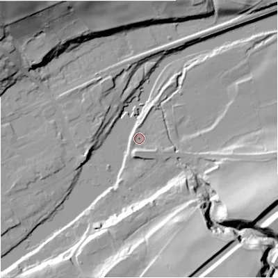 Shaded relief map of the ground around NE476AT, computed from Environment Agency LiDAR. The ground here sits at about 62 m above sea level and falls 42 m across the surrounding 800 m. Surface water reaching this point runs off ground lying to the south, 4.1 m higher.