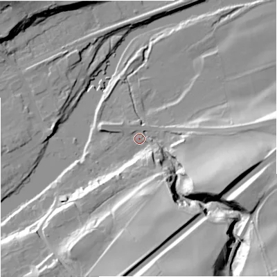Shaded relief map of the ground around NE476AU, computed from Environment Agency LiDAR. The ground here sits at about 64 m above sea level and falls 44 m across the surrounding 800 m. Surface water reaching this point runs off ground lying to the south-east, 38.5 m higher.
