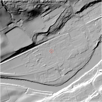 Shaded relief map of the ground around NE476AX, computed from Environment Agency LiDAR. The ground here sits at about 65 m above sea level and falls 66 m across the surrounding 800 m. Surface water reaching this point runs off ground lying to the north-west, 2.3 m higher.