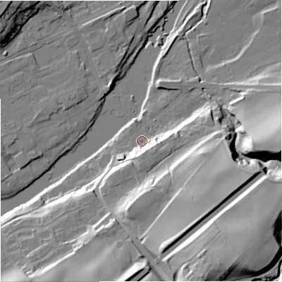Shaded relief map of the ground around NE476BA, computed from Environment Agency LiDAR. The ground here sits at about 64 m above sea level and falls 45 m across the surrounding 800 m. Surface water reaching this point runs off ground lying to the south, 11.1 m higher.