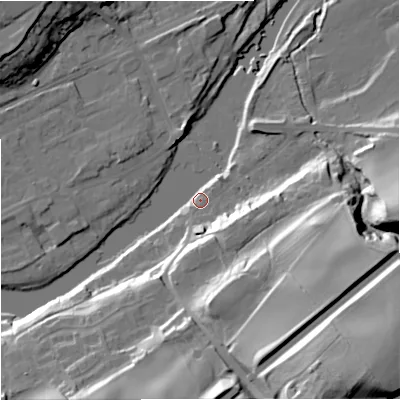 Shaded relief map of the ground around NE476BJ, computed from Environment Agency LiDAR. The ground here sits at about 64 m above sea level and falls 45 m across the surrounding 800 m. Surface water reaching this point runs off ground lying to the south, 14.8 m higher.