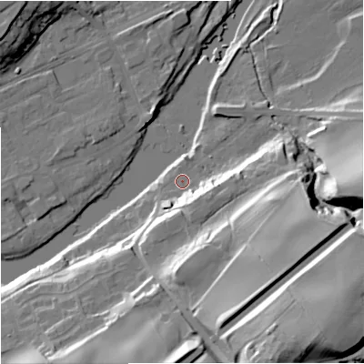Shaded relief map of the ground around NE476BL, computed from Environment Agency LiDAR. The ground here sits at about 64 m above sea level and falls 45 m across the surrounding 800 m. Surface water reaching this point runs off ground lying to the south-south-east, 11.1 m higher.