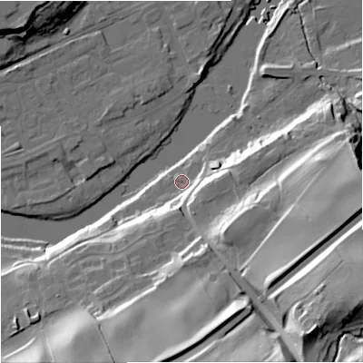 Shaded relief map of the ground around NE476BP, computed from Environment Agency LiDAR. The ground here sits at about 65 m above sea level and falls 47 m across the surrounding 800 m. Surface water reaching this point runs off ground lying to the south-south-east, 41.1 m higher.