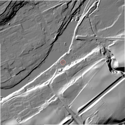 Shaded relief map of the ground around NE476BQ, computed from Environment Agency LiDAR. The ground here sits at about 64 m above sea level and falls 45 m across the surrounding 800 m. Surface water reaching this point runs off ground lying to the south, 11.6 m higher.