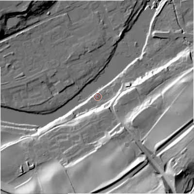 Shaded relief map of the ground around NE476BS, computed from Environment Agency LiDAR. The ground here sits at about 65 m above sea level and falls 50 m across the surrounding 800 m. Surface water reaching this point runs off ground lying to the south-east, 46.4 m higher.