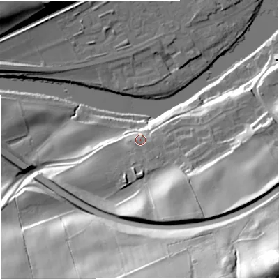 Shaded relief map of the ground around NE476BY, computed from Environment Agency LiDAR. The ground here sits at about 75 m above sea level and falls 72 m across the surrounding 800 m. Surface water reaching this point runs off ground lying to the south-south-east, 16.3 m higher.