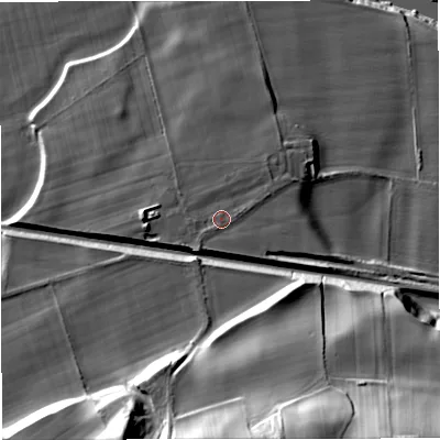 Shaded relief map of the ground around NE476DD, computed from Environment Agency LiDAR. The ground here sits at about 84 m above sea level and falls 41 m across the surrounding 800 m. Surface water reaching this point runs off ground lying to the south-west, 1.9 m higher.