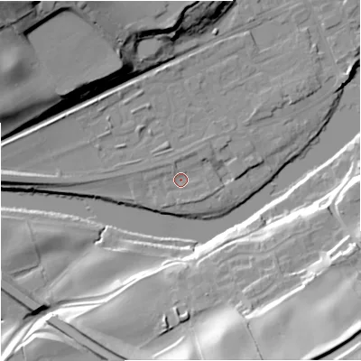 Shaded relief map of the ground around NE476DE, computed from Environment Agency LiDAR. The ground here sits at about 65 m above sea level and falls 37 m across the surrounding 800 m. Surface water reaching this point runs off ground lying to the west-north-west, 1.8 m higher.