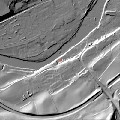 Shaded relief map of the ground around NE476DG, computed from Environment Agency LiDAR. The ground here sits at about 65 m above sea level and falls 65 m across the surrounding 800 m. Surface water reaching this point runs off ground lying to the south, 36.0 m higher.