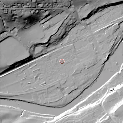 Shaded relief map of the ground around NE476DR, computed from Environment Agency LiDAR. The ground here sits at about 65 m above sea level and falls 70 m across the surrounding 800 m. Surface water reaching this point runs off ground lying to the west-north-west, 2.1 m higher.