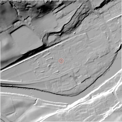 Shaded relief map of the ground around NE476DS, computed from Environment Agency LiDAR. The ground here sits at about 66 m above sea level and falls 63 m across the surrounding 800 m. Surface water reaching this point runs off ground lying to the north-west, 2.1 m higher.