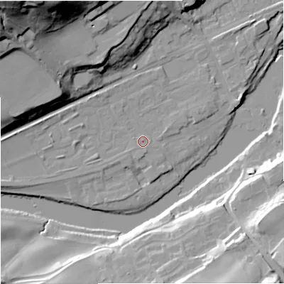 Shaded relief map of the ground around NE476DT, computed from Environment Agency LiDAR. The ground here sits at about 65 m above sea level and falls 53 m across the surrounding 800 m. Surface water reaching this point runs off ground lying to the west-north-west, 1.1 m higher.