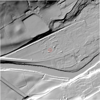 Shaded relief map of the ground around NE476EE, computed from Environment Agency LiDAR. The ground here sits at about 66 m above sea level and falls 57 m across the surrounding 800 m. Surface water reaching this point runs off ground lying to the west-south-west, 8.0 m higher.