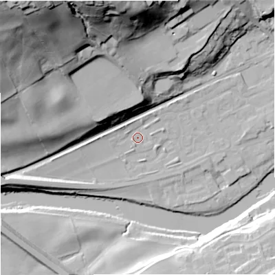 Shaded relief map of the ground around NE476EF, computed from Environment Agency LiDAR. The ground here sits at about 66 m above sea level and falls 66 m across the surrounding 800 m. Surface water reaching this point runs off ground lying to the north-west, 2.9 m higher.
