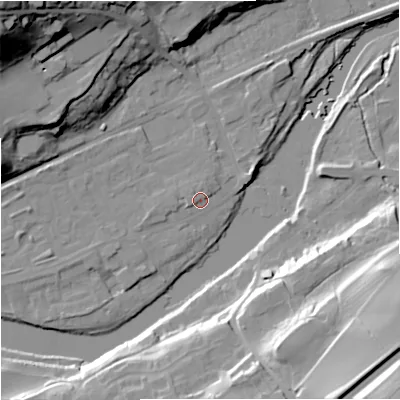 Shaded relief map of the ground around NE476EP, computed from Environment Agency LiDAR. The ground here sits at about 65 m above sea level and falls 52 m across the surrounding 800 m. Surface water reaching this point runs off ground lying to the north-west, 1.8 m higher.