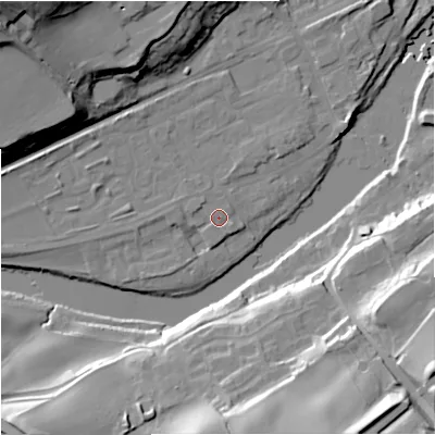 Shaded relief map of the ground around NE476EQ, computed from Environment Agency LiDAR. The ground here sits at about 65 m above sea level and falls 37 m across the surrounding 800 m. Surface water reaching this point runs off ground lying to the west-north-west, 0.9 m higher.