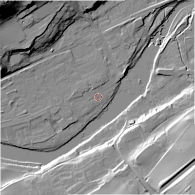 Shaded relief map of the ground around NE476ER, computed from Environment Agency LiDAR. The ground here sits at about 64 m above sea level and falls 48 m across the surrounding 800 m. Surface water reaching this point runs off ground lying to the west-south-west, 2.7 m higher.
