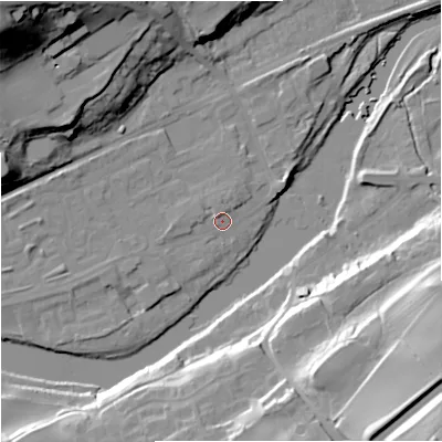 Shaded relief map of the ground around NE476ET, computed from Environment Agency LiDAR. The ground here sits at about 64 m above sea level and falls 50 m across the surrounding 800 m. Surface water reaching this point runs off ground lying to the west, 1.9 m higher.