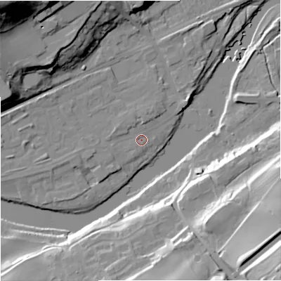 Shaded relief map of the ground around NE476EU, computed from Environment Agency LiDAR. The ground here sits at about 64 m above sea level and falls 50 m across the surrounding 800 m. Surface water reaching this point runs off ground lying to the west-south-west, 2.5 m higher.