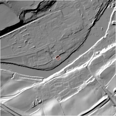 Shaded relief map of the ground around NE476EX, computed from Environment Agency LiDAR. The ground here sits at about 64 m above sea level and falls 44 m across the surrounding 800 m. Surface water reaching this point runs off ground lying to the west, 3.4 m higher.