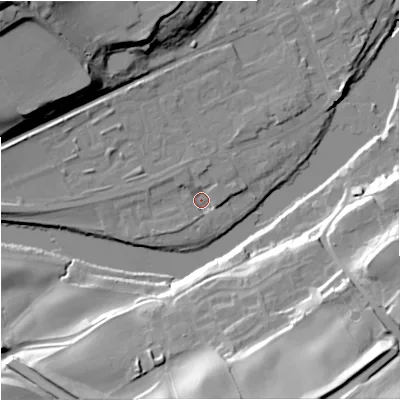 Shaded relief map of the ground around NE476EY, computed from Environment Agency LiDAR. The ground here sits at about 63 m above sea level and falls 40 m across the surrounding 800 m. Surface water reaching this point runs off ground lying to the west, 3.4 m higher.