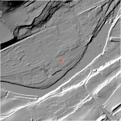 Shaded relief map of the ground around NE476HA, computed from Environment Agency LiDAR. The ground here sits at about 64 m above sea level and falls 46 m across the surrounding 800 m. Surface water reaching this point runs off ground lying to the west-south-west, 1.8 m higher.