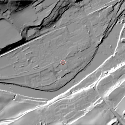 Shaded relief map of the ground around NE476HB, computed from Environment Agency LiDAR. The ground here sits at about 65 m above sea level and falls 48 m across the surrounding 800 m. Surface water reaching this point runs off ground lying to the west-south-west, 1.2 m higher.