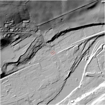 Shaded relief map of the ground around NE476HD, computed from Environment Agency LiDAR. The ground here sits at about 64 m above sea level and falls 86 m across the surrounding 800 m. Surface water reaching this point runs off ground lying to the north-west, 79.4 m higher.