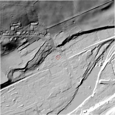Shaded relief map of the ground around NE476HE, computed from Environment Agency LiDAR. The ground here sits at about 64 m above sea level and falls 88 m across the surrounding 800 m. Surface water reaching this point runs off ground lying to the north-west, 81.5 m higher.