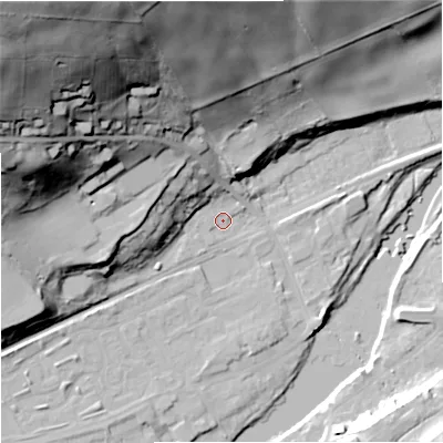 Shaded relief map of the ground around NE476HF, computed from Environment Agency LiDAR. The ground here sits at about 65 m above sea level and falls 89 m across the surrounding 800 m. Surface water reaching this point runs off ground lying to the north-west, 82.4 m higher.