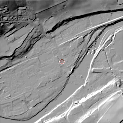 Shaded relief map of the ground around NE476JG, computed from Environment Agency LiDAR. The ground here sits at about 64 m above sea level and falls 66 m across the surrounding 800 m. Surface water reaching this point runs off ground lying to the west, 15.4 m higher.