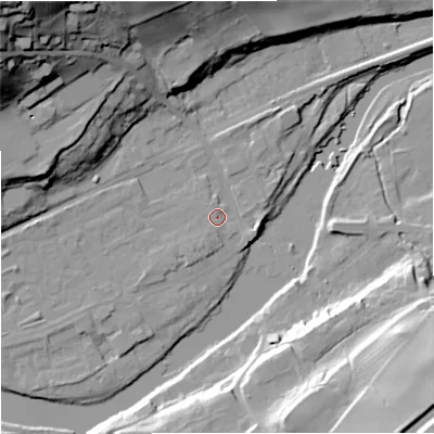 Shaded relief map of the ground around NE476JJ, computed from Environment Agency LiDAR. The ground here sits at about 65 m above sea level and falls 58 m across the surrounding 800 m. Surface water reaching this point runs off ground lying to the north-north-west, 1.4 m higher.
