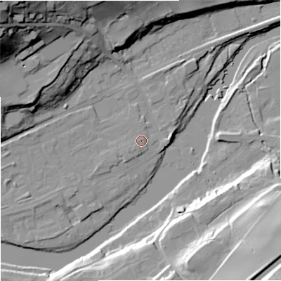 Shaded relief map of the ground around NE476JL, computed from Environment Agency LiDAR. The ground here sits at about 65 m above sea level and falls 54 m across the surrounding 800 m. The ground contributing surface water to this point lies to the west-south-west.