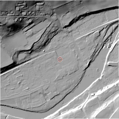 Shaded relief map of the ground around NE476JN, computed from Environment Agency LiDAR. The ground here sits at about 64 m above sea level and falls 73 m across the surrounding 800 m. Surface water reaching this point runs off ground lying to the west-south-west, 4.5 m higher.